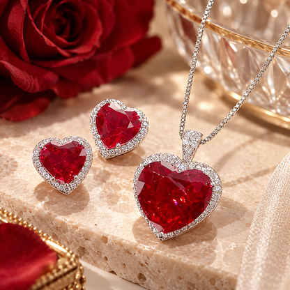 Women’s Romantic Heart-Cut Cubic Zirconia Pendant Necklace & Earrings Set with Halo Detail