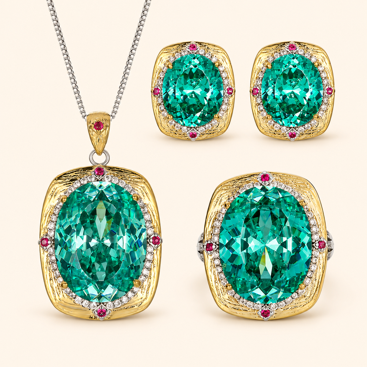 Women’s Luxury Paraiba Green Oval-Cut Cubic Zirconia Jewelry Collection with Bird’s Nest Halo Detail