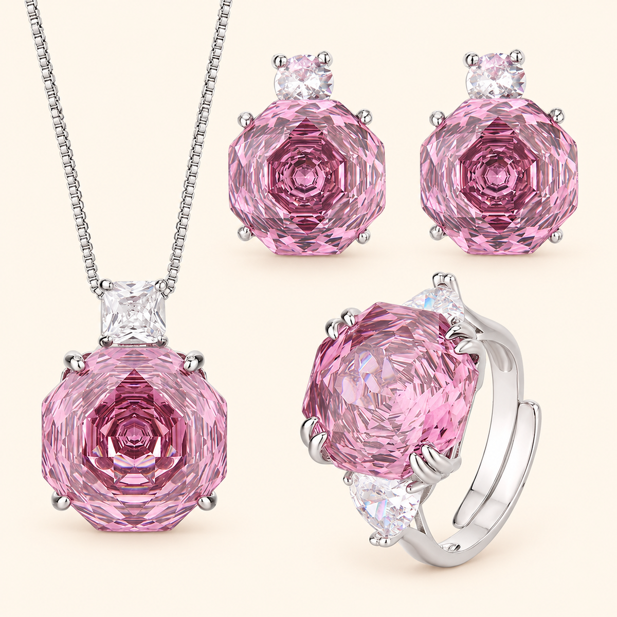Women’s Dusty Rose Rose-Cut Cubic Zirconia Necklace, Earrings & Adjustable Ring Set