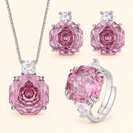 Women’s Dusty Rose Rose-Cut Cubic Zirconia Necklace, Earrings & Adjustable Ring Set