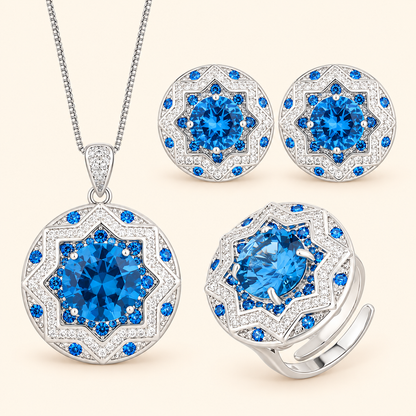 Women’s Luxury Blue Cubic Zirconia Necklace, Earrings & Adjustable Ring Set with Starburst Halo Detail