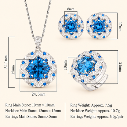 Women’s Luxury Blue Cubic Zirconia Necklace, Earrings & Adjustable Ring Set with Starburst Halo Detail