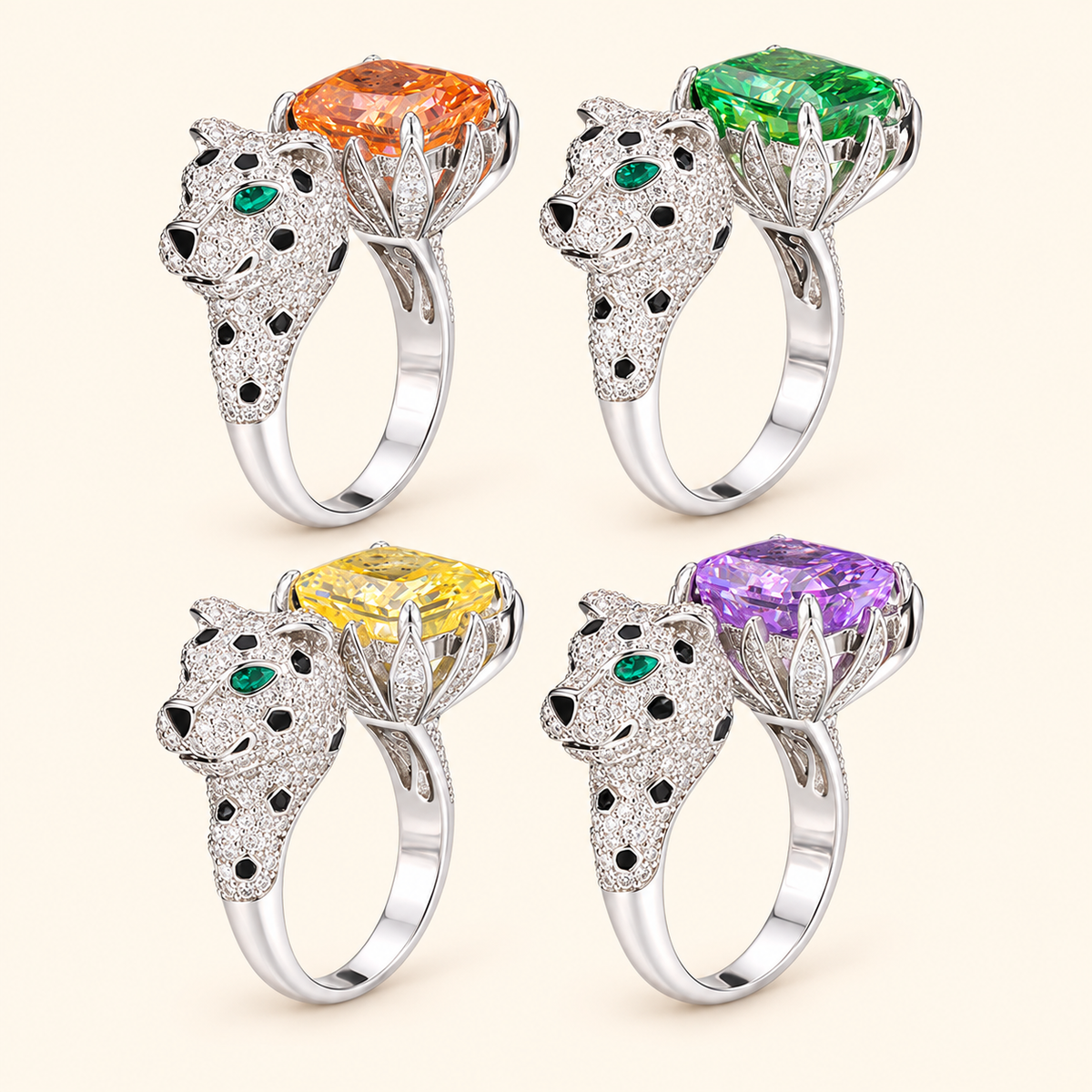 Women’s Luxury Leopard Statement Adjustable Ring with High-Carbon Diamond & Color Gemstone