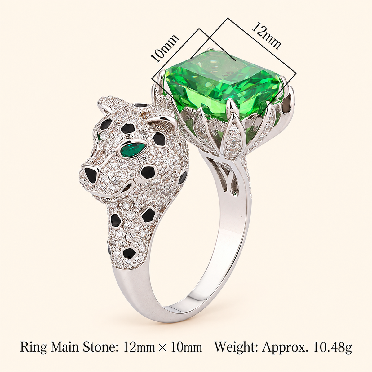 Women’s Luxury Leopard Statement Adjustable Ring with High-Carbon Diamond & Color Gemstone