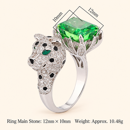 Women’s Luxury Leopard Statement Adjustable Ring with High-Carbon Diamond & Color Gemstone