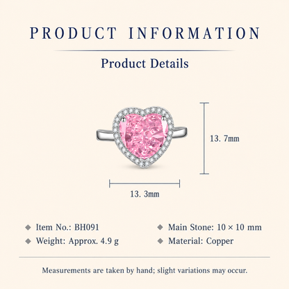 Women’s Romantic Heart-Cut High-Carbon Diamond Adjustable Ring with Pavé Halo – 9 Colors