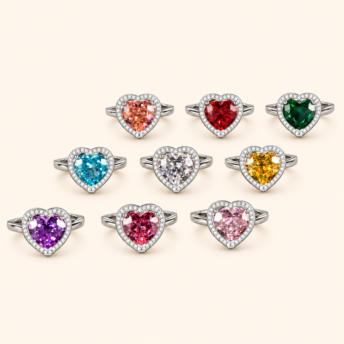 Women’s Romantic Heart-Cut High-Carbon Diamond Adjustable Ring with Pavé Halo – 9 Colors