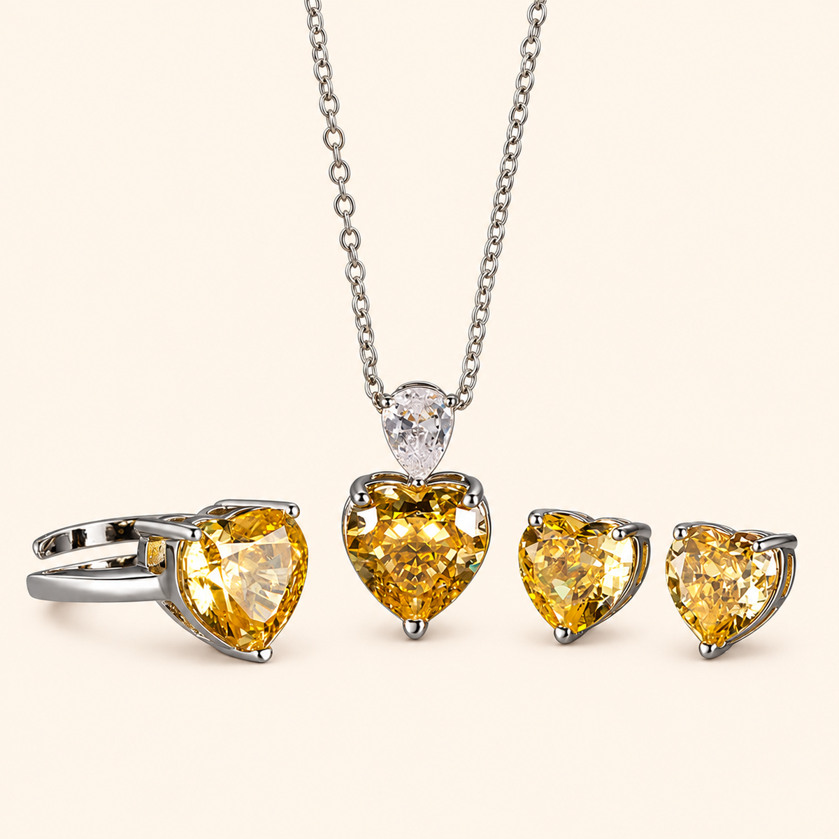 Women’s Yellow Heart-Cut High-Carbon Diamond Necklace, Earrings & Ring Jewelry Set