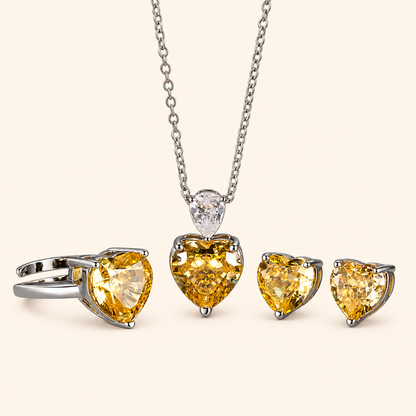 Women’s Yellow Heart-Cut High-Carbon Diamond Necklace, Earrings & Ring Jewelry Set