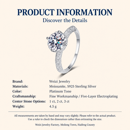 Women’s S925 Sterling Silver Round-Cut Moissanite Ring with Angel Wing Detail – 1CT / 2CT / 3CT