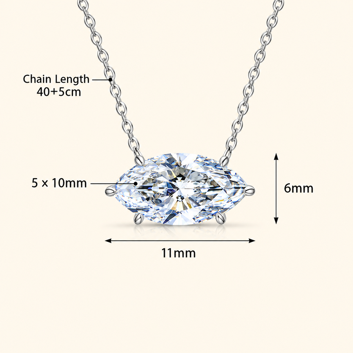 Women’s S925 Sterling Silver Marquise-Cut Moissanite Solitaire Necklace – 1CT / 2CT / 4CT