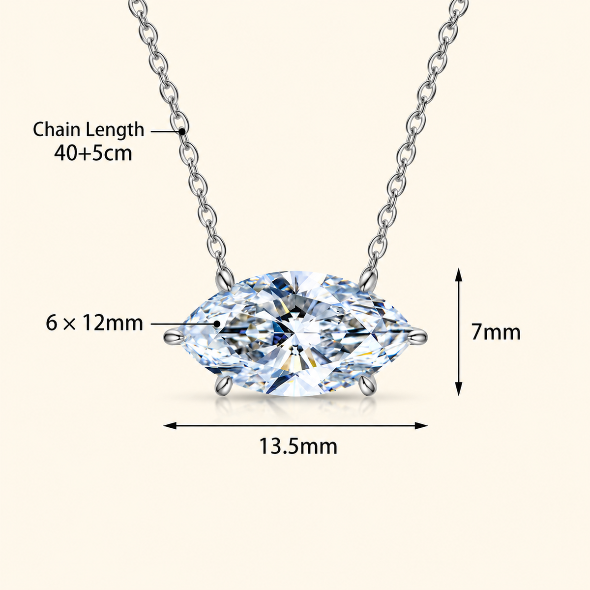 Women’s S925 Sterling Silver Marquise-Cut Moissanite Solitaire Necklace – 1CT / 2CT / 4CT