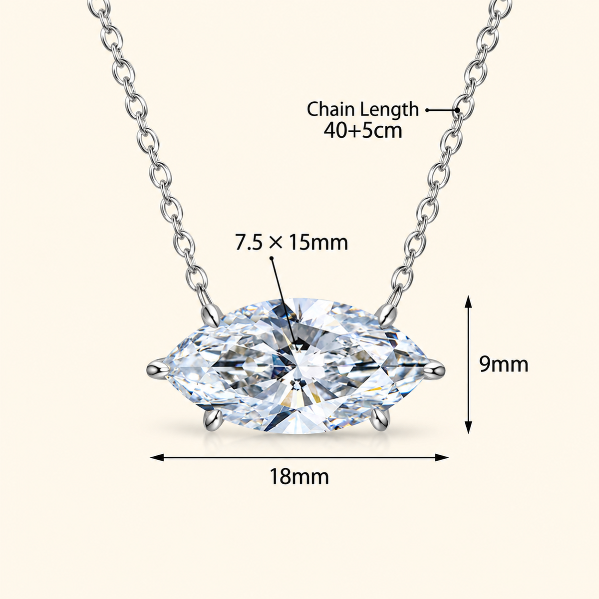 Women’s S925 Sterling Silver Marquise-Cut Moissanite Solitaire Necklace – 1CT / 2CT / 4CT