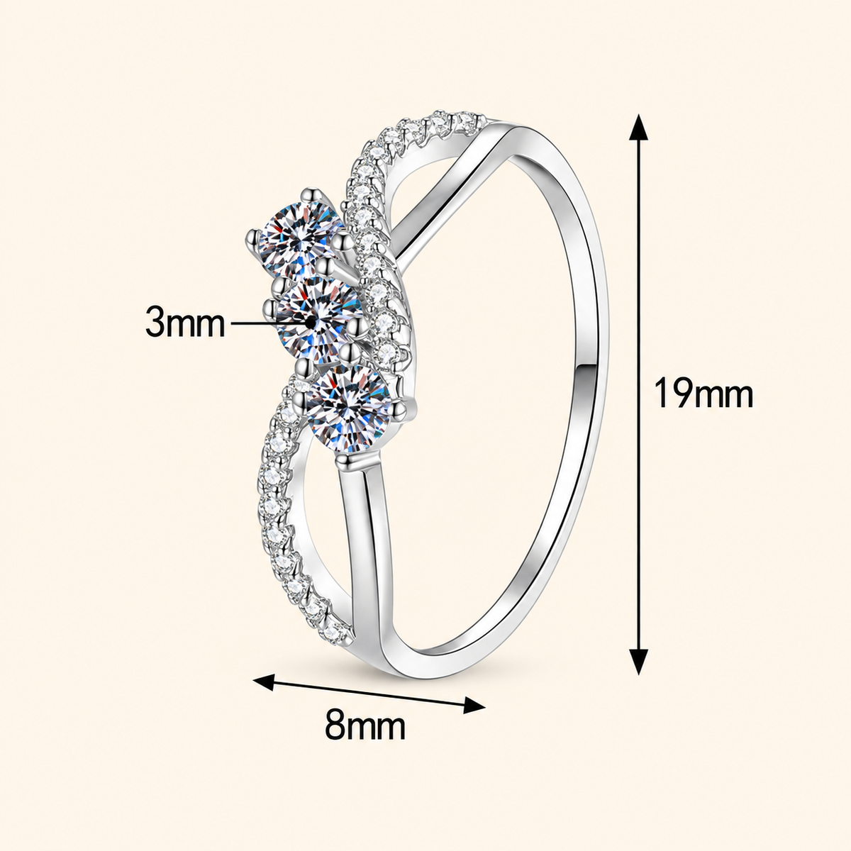 Women’s S925 Sterling Silver 0.30CT Moissanite Three-Stone Infinity Ring with Pavé Detail