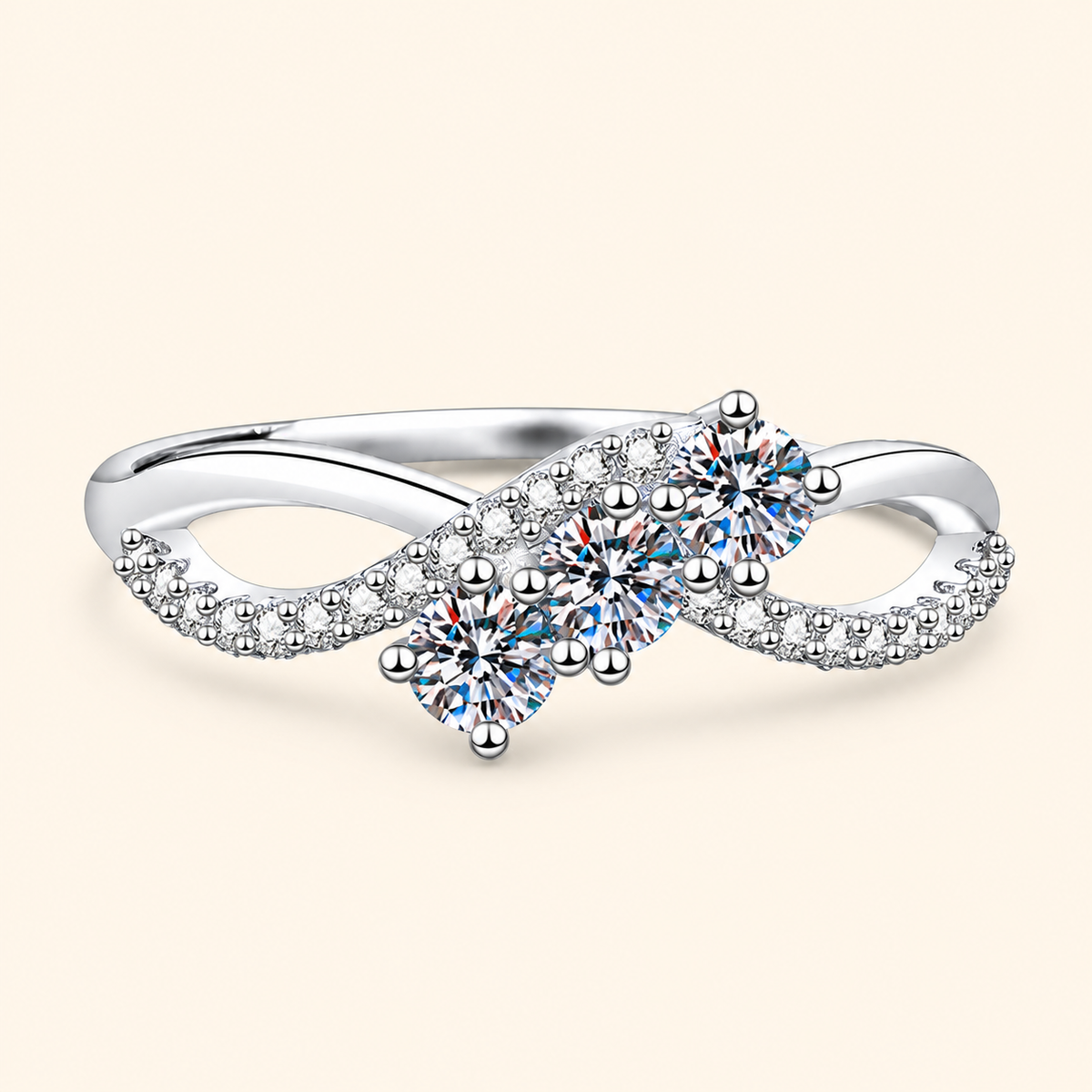 Women’s S925 Sterling Silver 0.30CT Moissanite Three-Stone Infinity Ring with Pavé Detail