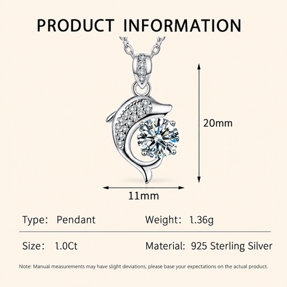 Women’s S925 Sterling Silver Dolphin Moissanite Pendant Necklace – 1CT