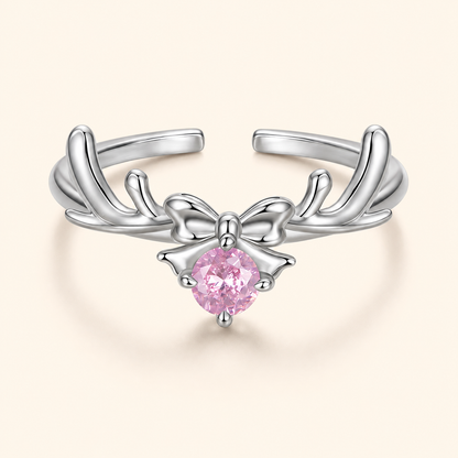 Women’s S925 Sterling Silver Pink Zircon Reindeer & Bow Adjustable Open Ring