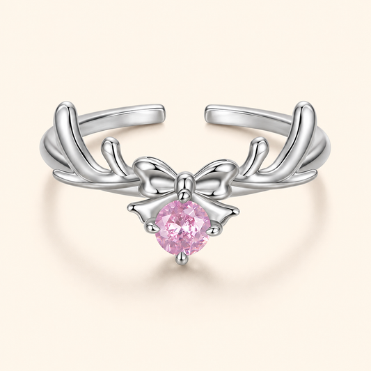 Women’s S925 Sterling Silver Pink Zircon Reindeer & Bow Adjustable Open Ring