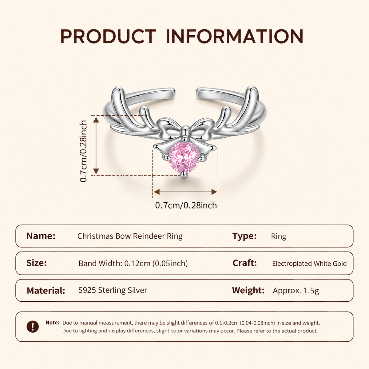 Women’s S925 Sterling Silver Pink Zircon Reindeer & Bow Adjustable Open Ring