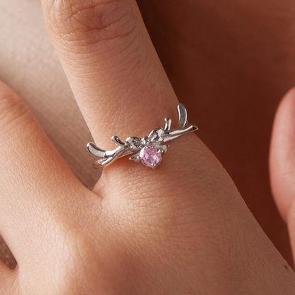 Women’s S925 Sterling Silver Pink Zircon Reindeer & Bow Adjustable Open Ring