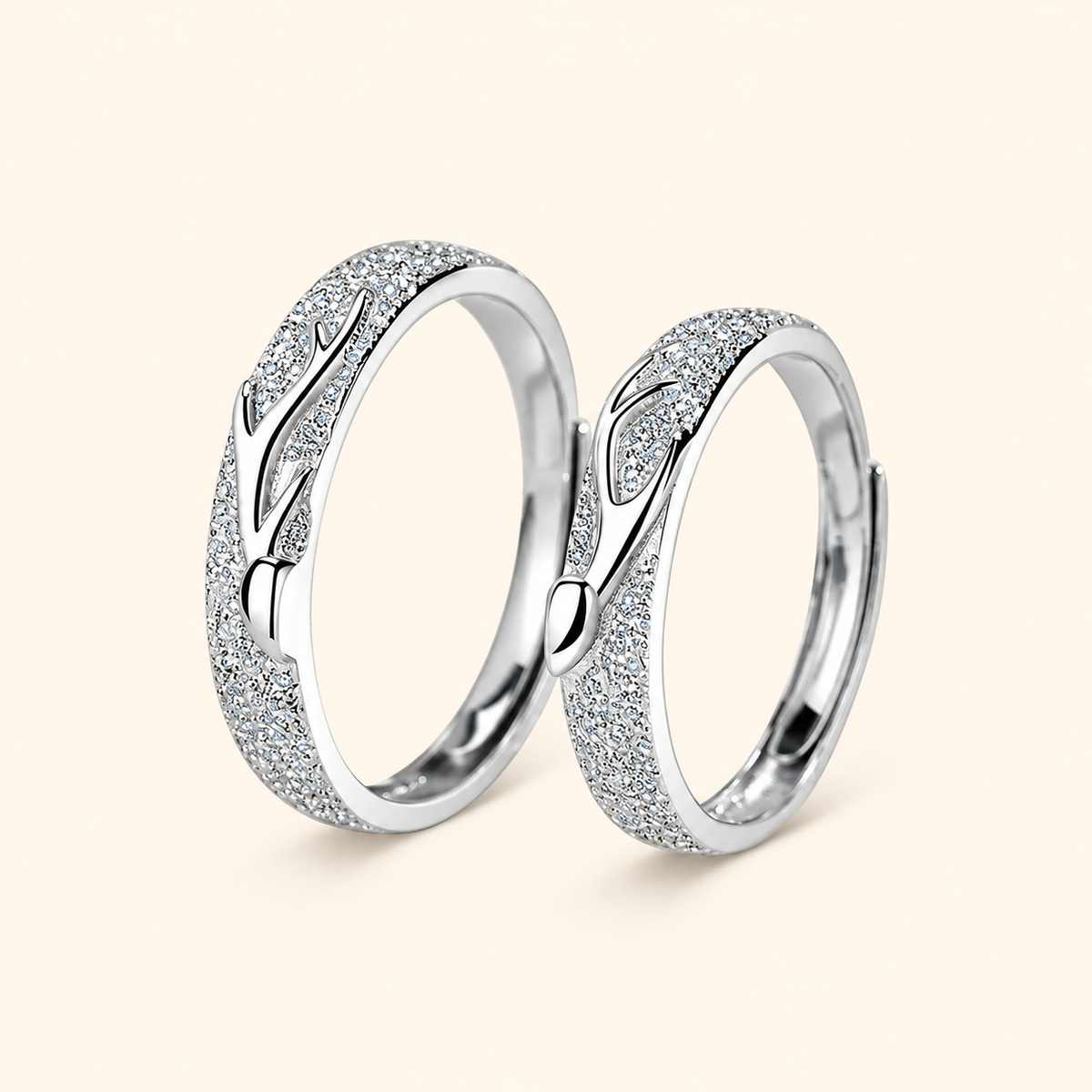 Couples’ S925 Sterling Silver Deer Antler Adjustable Matching Rings with Frosted Detail