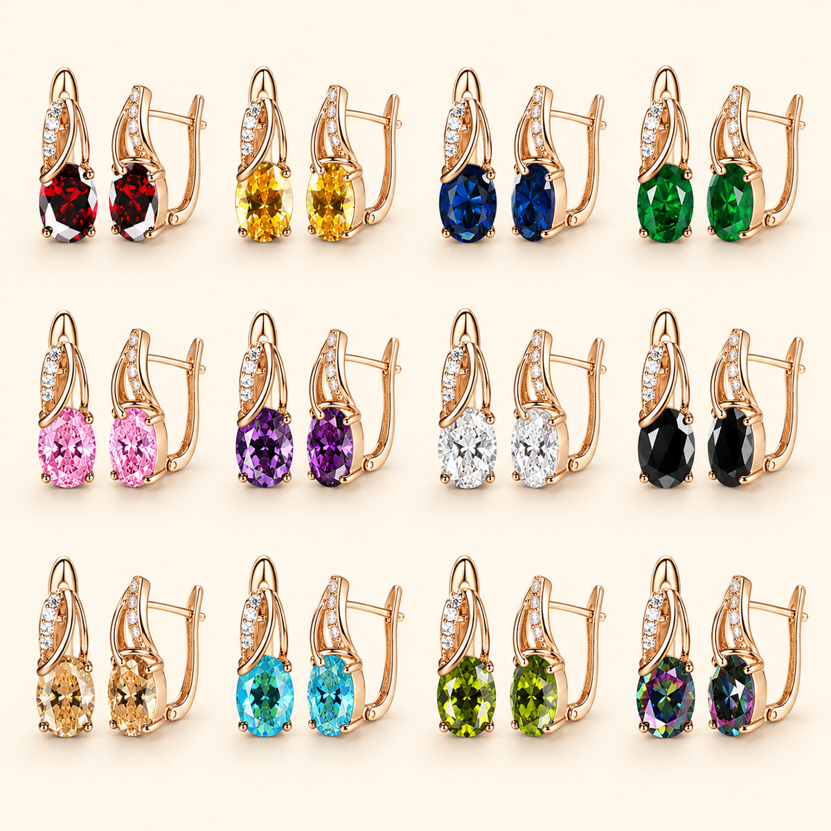 Women’s Multicolor Oval-Cut Cubic Zirconia Drop Earrings with Pavé Twist Detail – Gold & Silver Tone