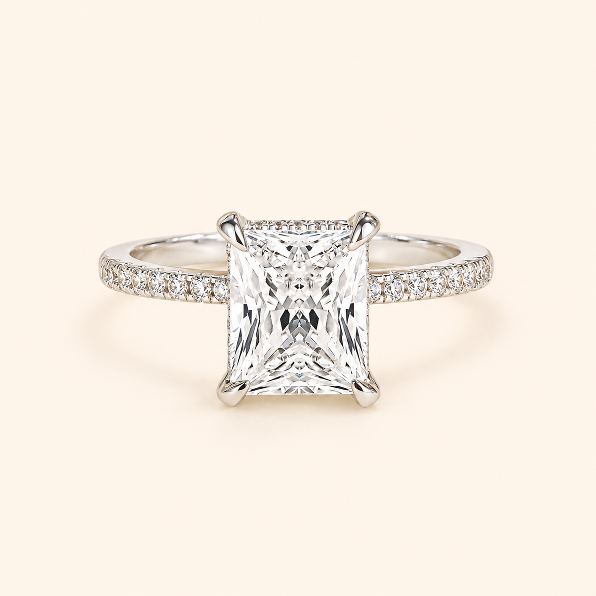 Women’s Luxury Rectangular-Cut Cubic Zirconia Four-Prong Pavé Ring – Platinum, Gold & Rose Gold Tone