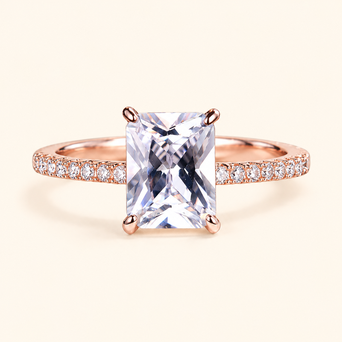 Women’s Luxury Rectangular-Cut Cubic Zirconia Four-Prong Pavé Ring – Platinum, Gold & Rose Gold Tone