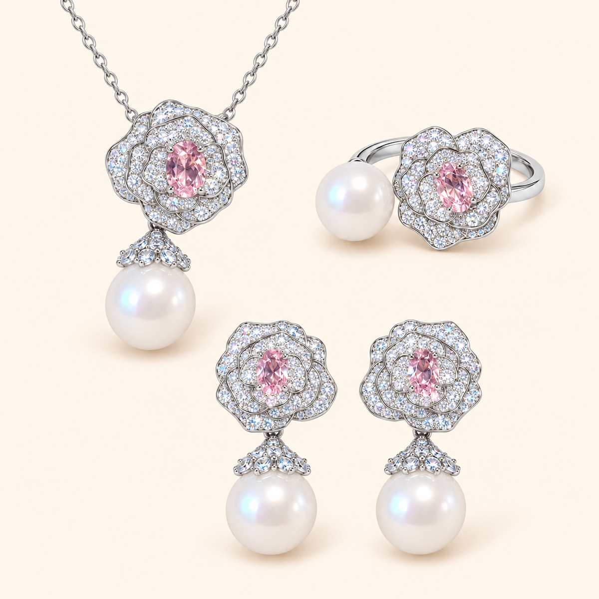 Pink Camellia Cubic Zirconia & Shell Pearl Jewelry Set with Pendant Necklace, Drop Earrings & Adjustable Ring