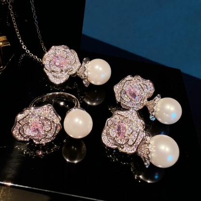 Pink Camellia Cubic Zirconia & Shell Pearl Jewelry Set with Pendant Necklace, Drop Earrings & Adjustable Ring
