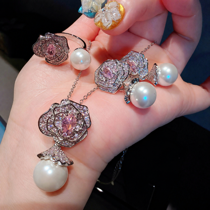 Pink Camellia Cubic Zirconia & Shell Pearl Jewelry Set with Pendant Necklace, Drop Earrings & Adjustable Ring