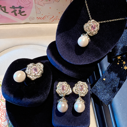Pink Camellia Cubic Zirconia & Shell Pearl Jewelry Set with Pendant Necklace, Drop Earrings & Adjustable Ring