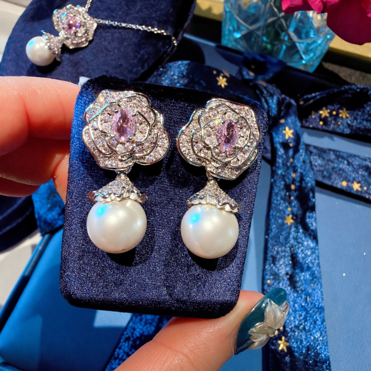 Pink Camellia Cubic Zirconia & Shell Pearl Jewelry Set with Pendant Necklace, Drop Earrings & Adjustable Ring