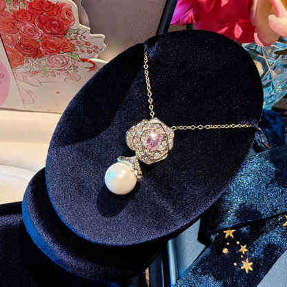Pink Camellia Cubic Zirconia & Shell Pearl Jewelry Set with Pendant Necklace, Drop Earrings & Adjustable Ring