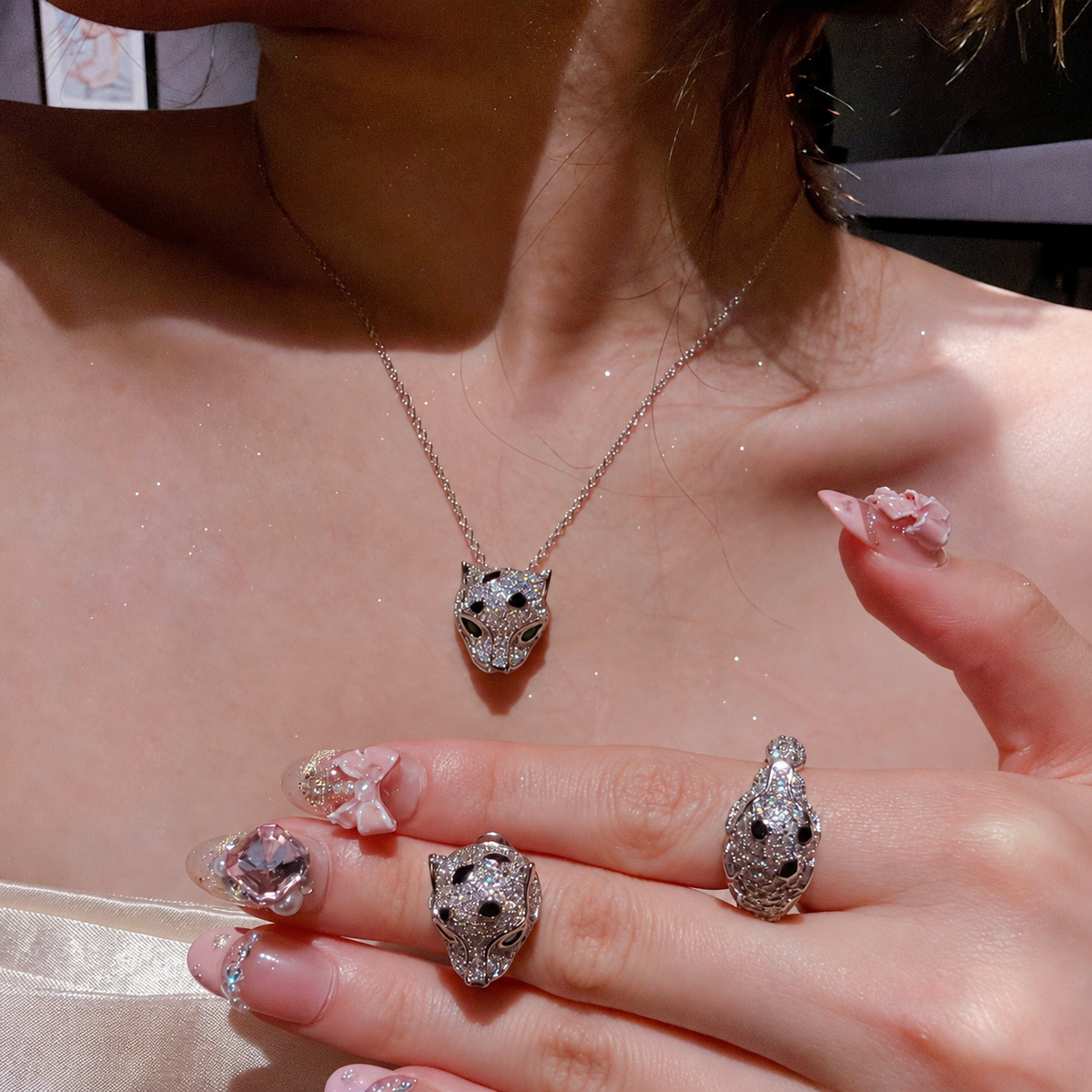 Panther Head Cubic Zirconia Jewelry Set with Pendant Necklace, Earrings & Statement Ring