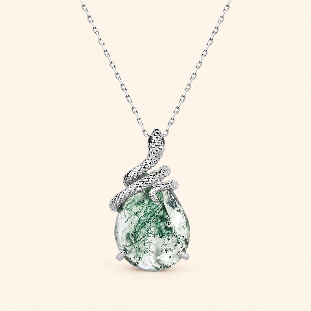 925 Sterling Silver Natural Moss Agate Teardrop Pendant with Coiled Snake Design