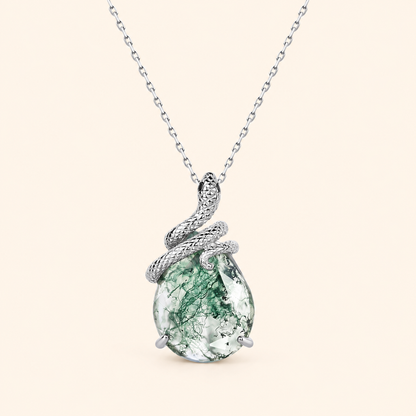 925 Sterling Silver Natural Moss Agate Teardrop Pendant with Coiled Snake Design