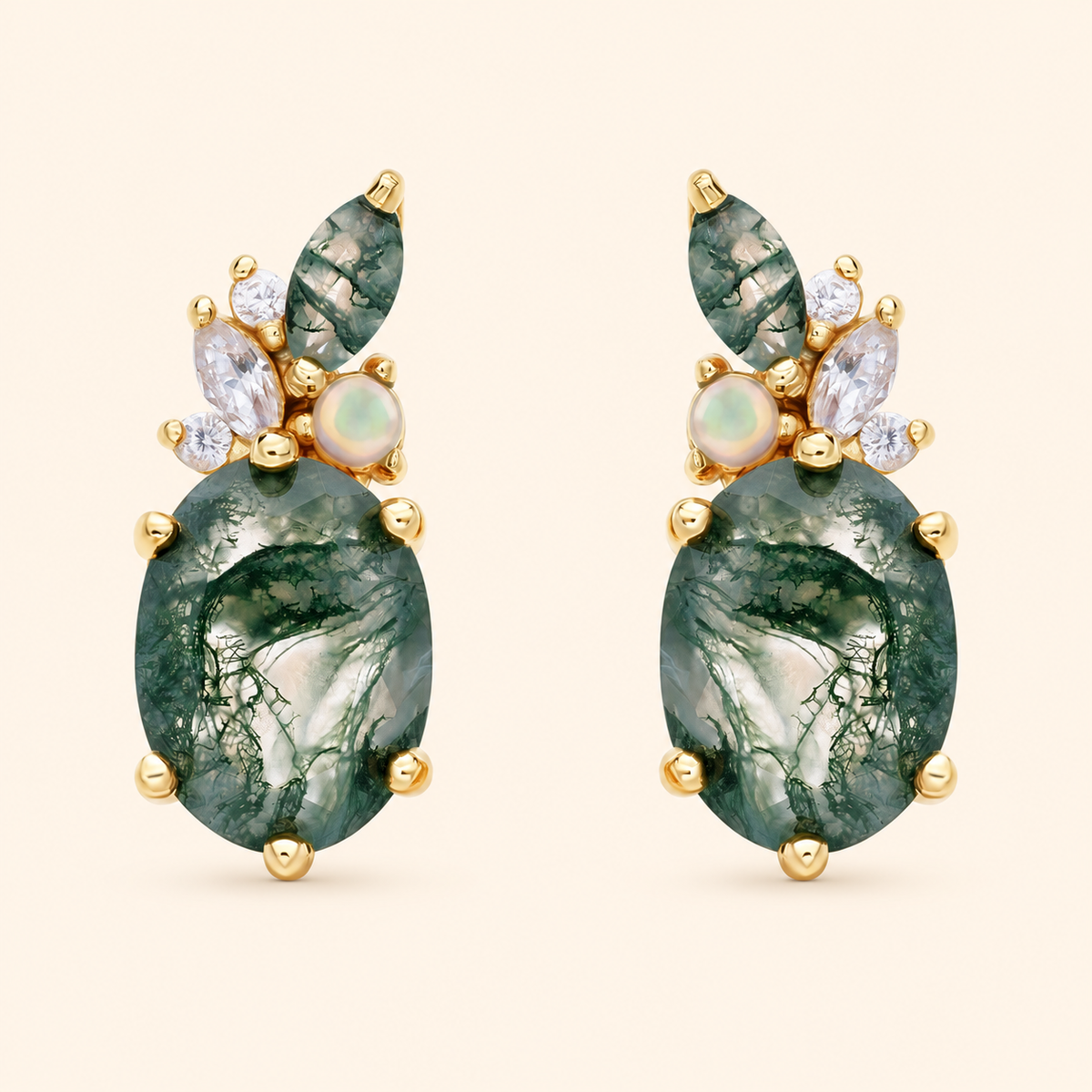 10K Gold-Plated 925 Sterling Silver Moss Agate Stud Earrings with Oval Stones and Cluster Accents