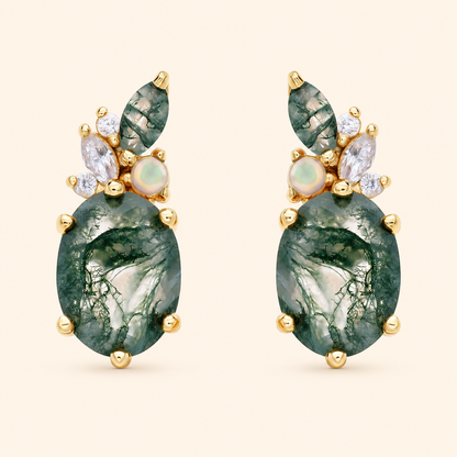 10K Gold-Plated 925 Sterling Silver Moss Agate Stud Earrings with Oval Stones and Cluster Accents