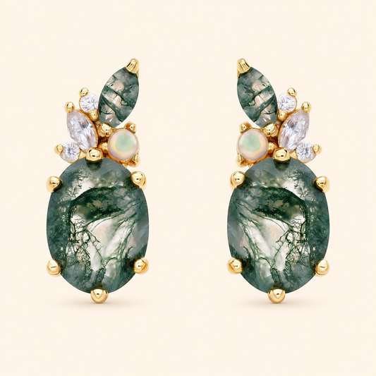 10K Gold-Plated 925 Sterling Silver Moss Agate Stud Earrings with Oval Stones and Cluster Accents