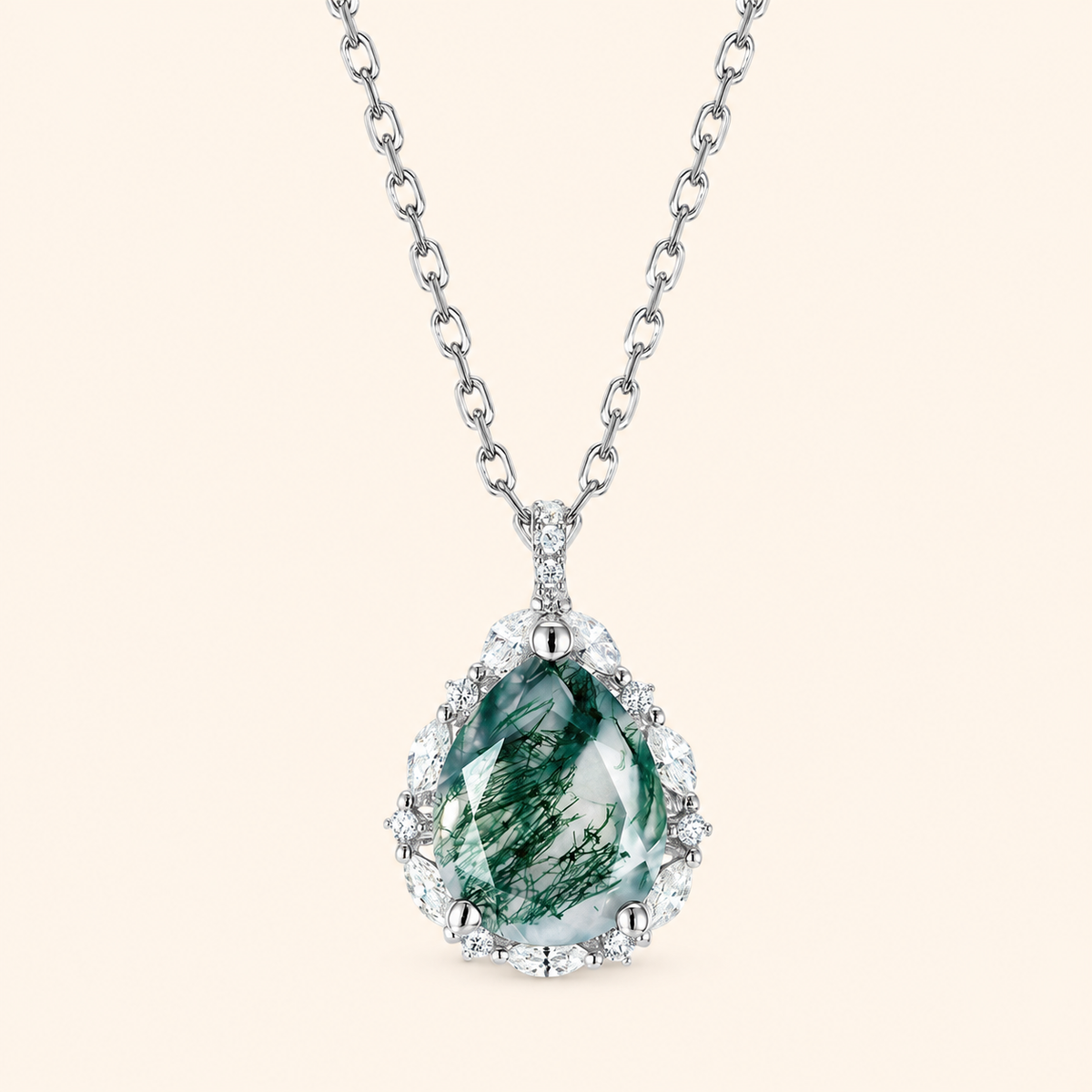 925 Sterling Silver Natural Moss Agate Teardrop Pendant with Sparkling Halo