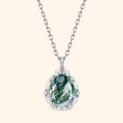 925 Sterling Silver Natural Moss Agate Teardrop Pendant with Sparkling Halo