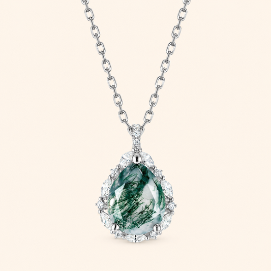 925 Sterling Silver Natural Moss Agate Teardrop Pendant with Sparkling Halo