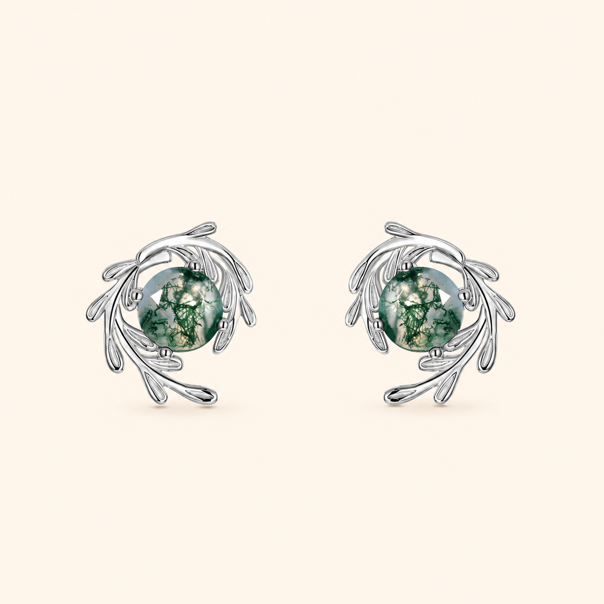 925 Sterling Silver Natural Moss Agate Stud Earrings with Leaf Wreath Design