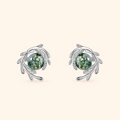 925 Sterling Silver Natural Moss Agate Stud Earrings with Leaf Wreath Design