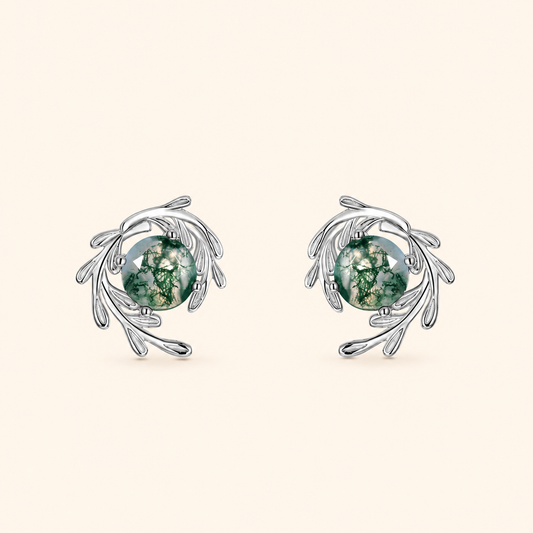 925 Sterling Silver Natural Moss Agate Stud Earrings with Leaf Wreath Design