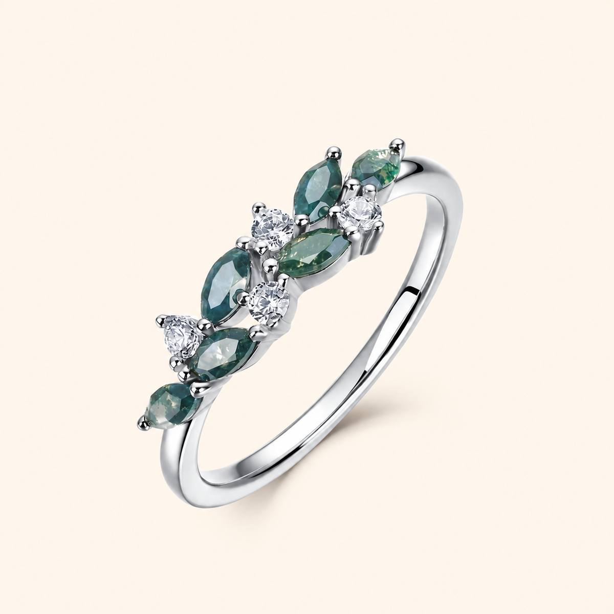 925 Sterling Silver Natural Moss Agate Leaf Ring with Sparkling Accents
