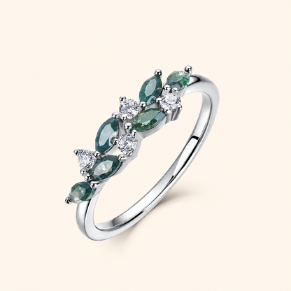 925 Sterling Silver Natural Moss Agate Leaf Ring with Sparkling Accents