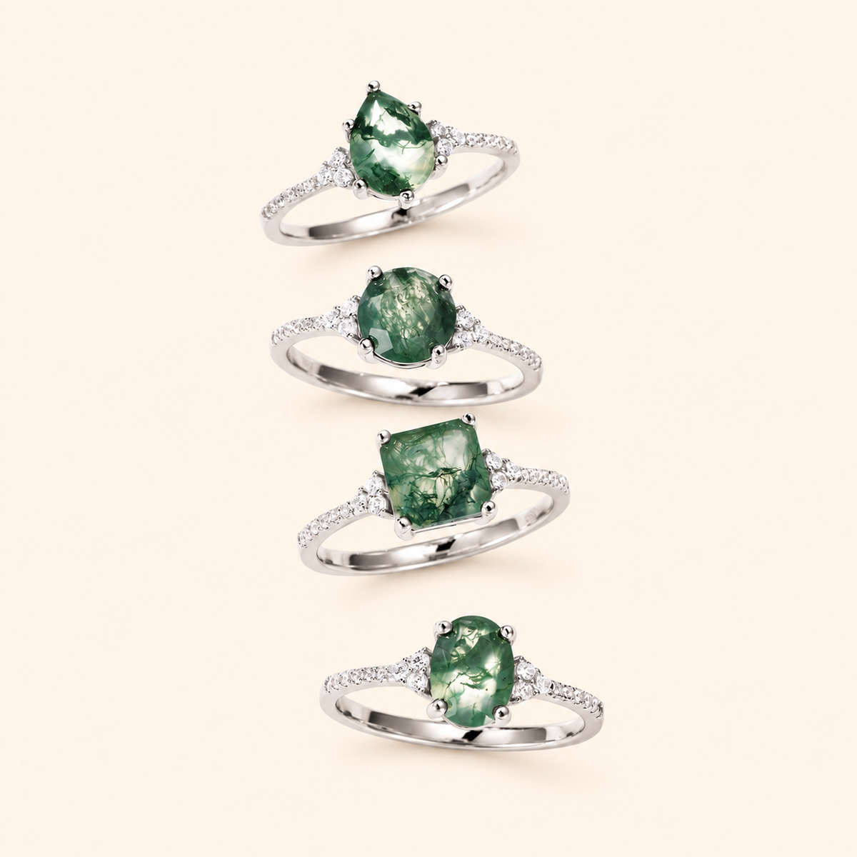 925 Sterling Silver Natural Moss Agate Ring with Sparkling Side Accents