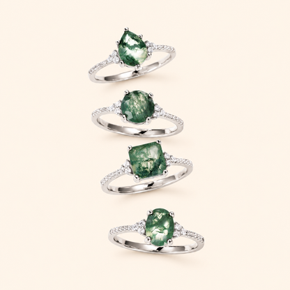 925 Sterling Silver Natural Moss Agate Ring with Sparkling Side Accents